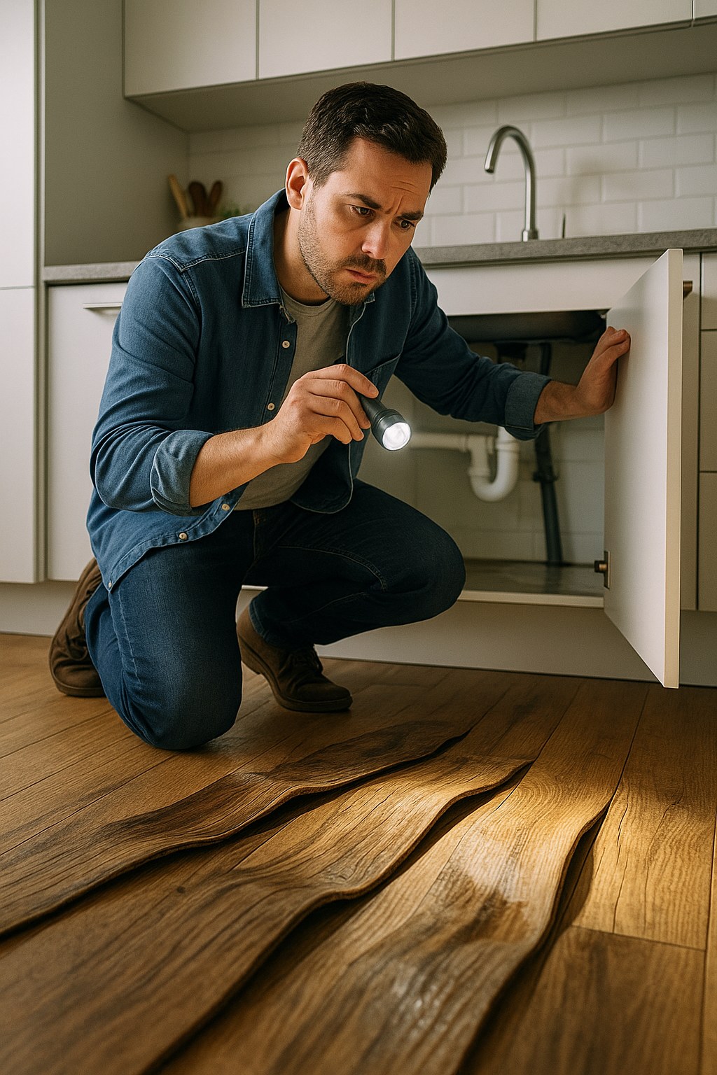 Homeowner checks leak warped floorboards