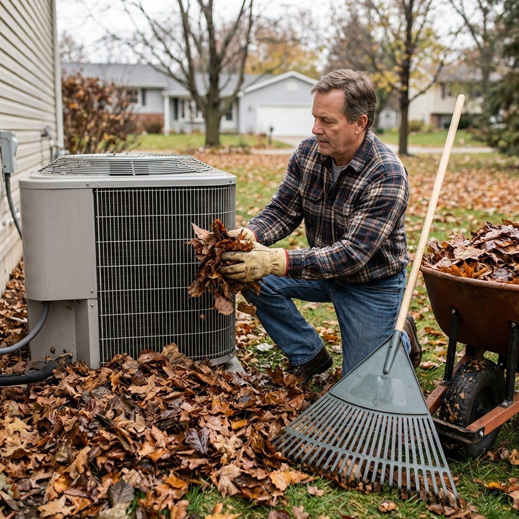 Homeowner clearing leaves from condenser