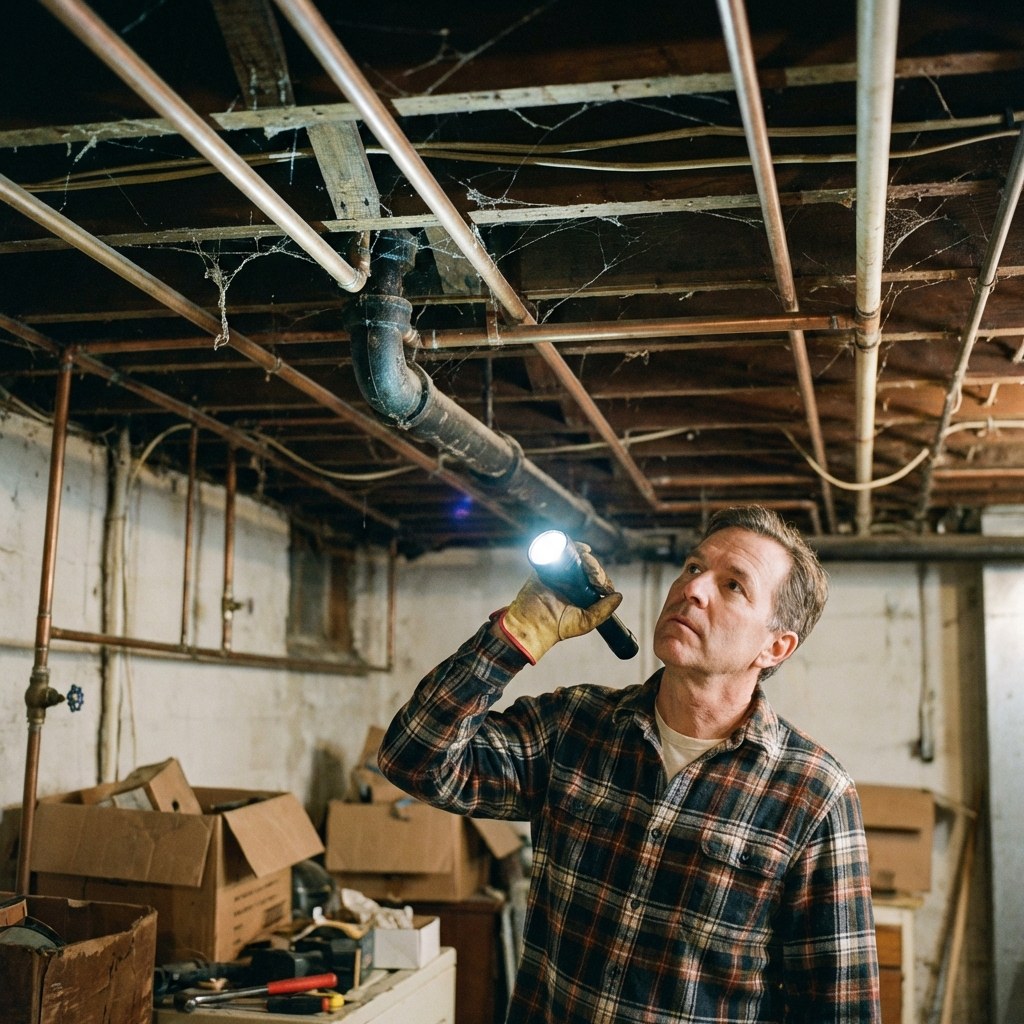 Homeowner inspecting basement ceiling pipes