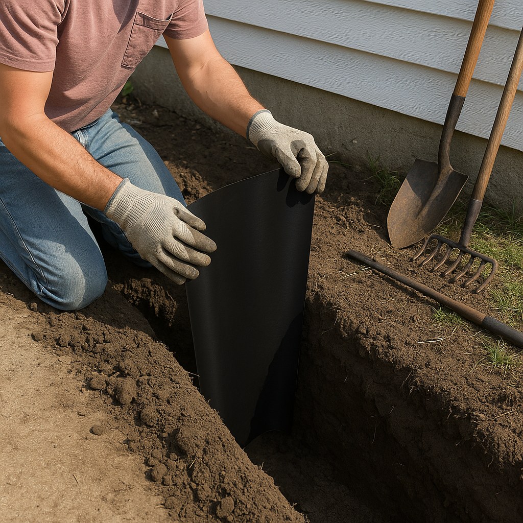 homeowner installs root barrier in trench
