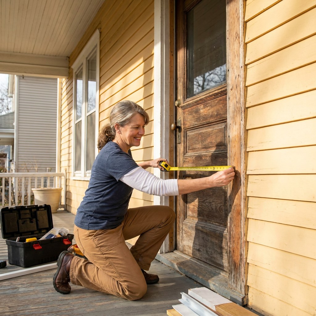 Homeowner measuring exterior door frame