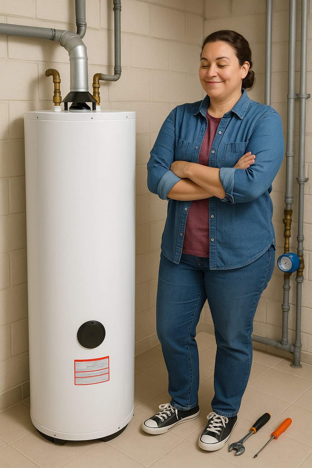 Homeowner proudly inspects fixed water heater