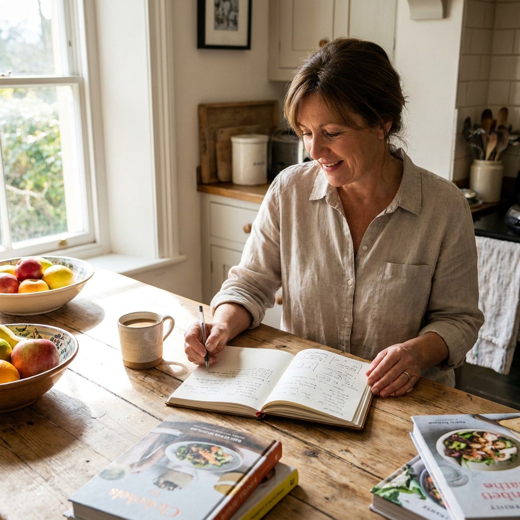 Homeowner reviewing notebook in kitchen