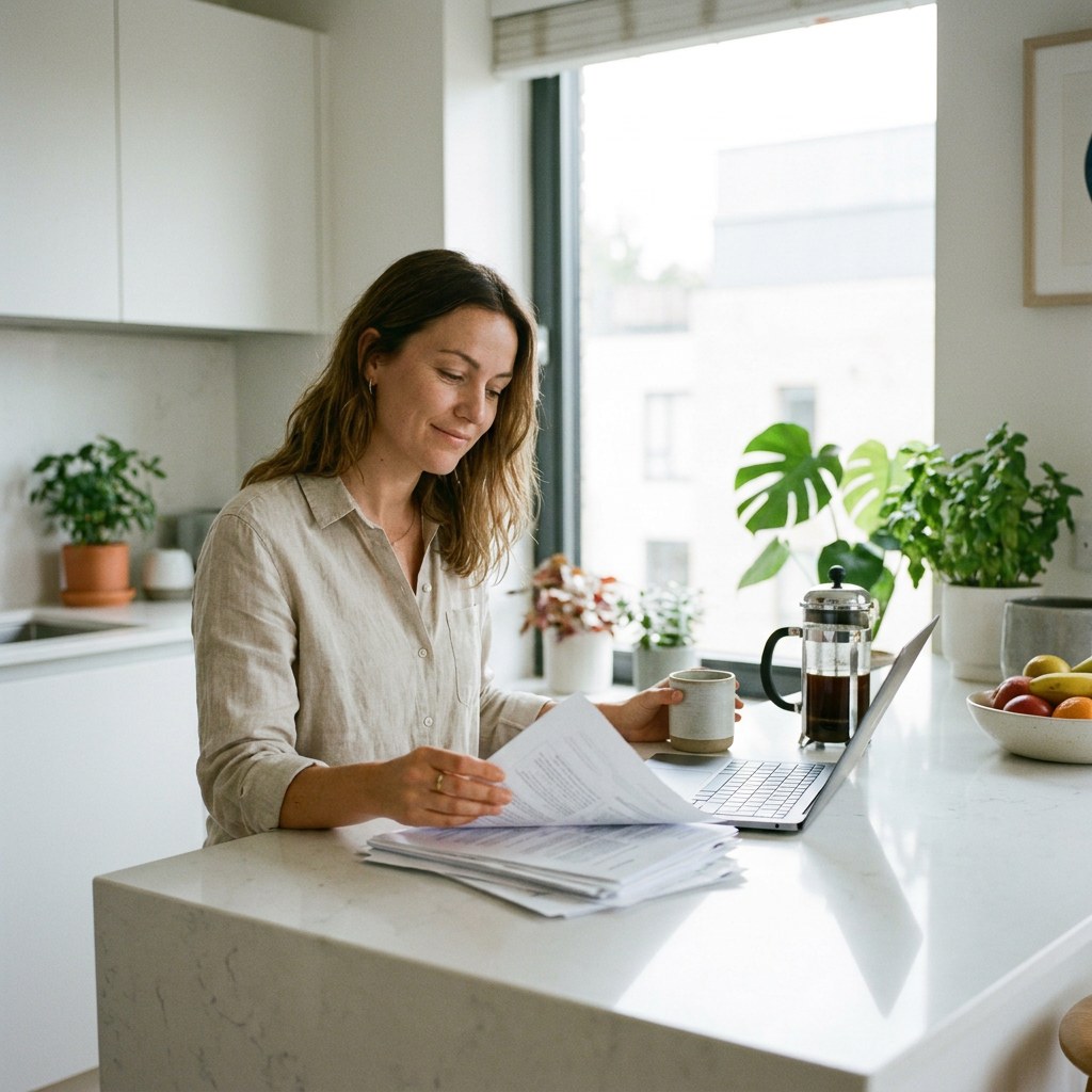 Homeowner reviewing records in kitchen