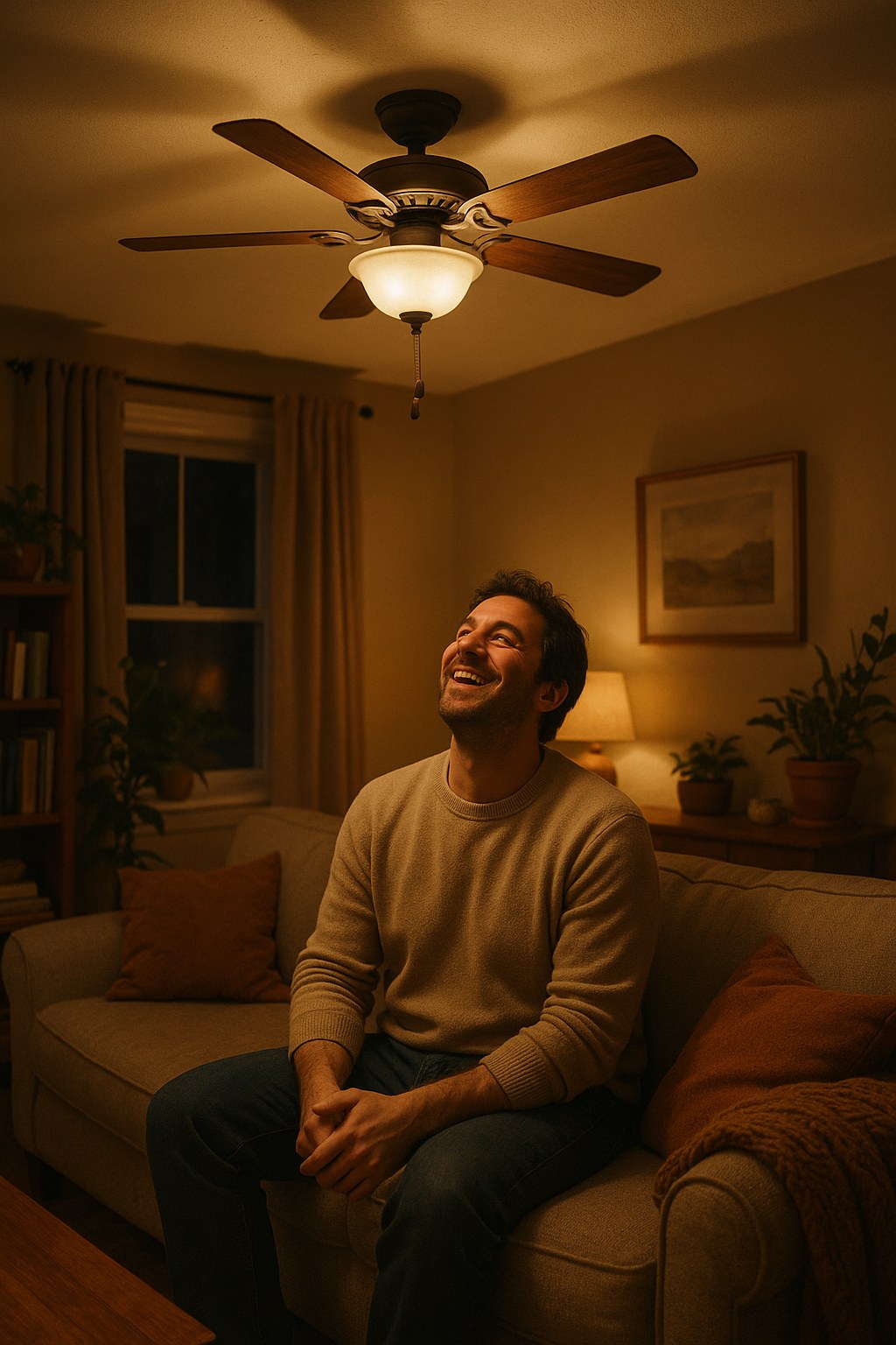 Homeowner smiles at working ceiling fan