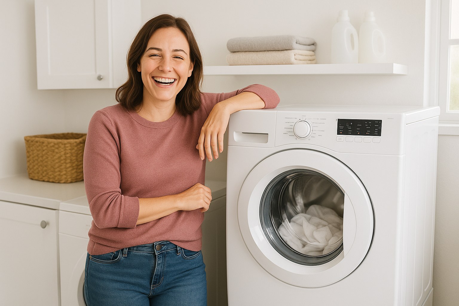 Homeowner smiles next to working dryer