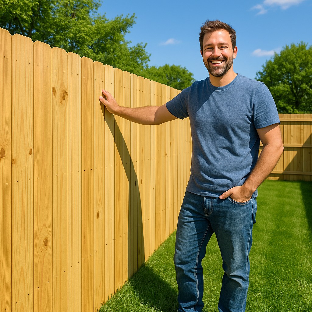 Homeowner smiling next to aligned fence