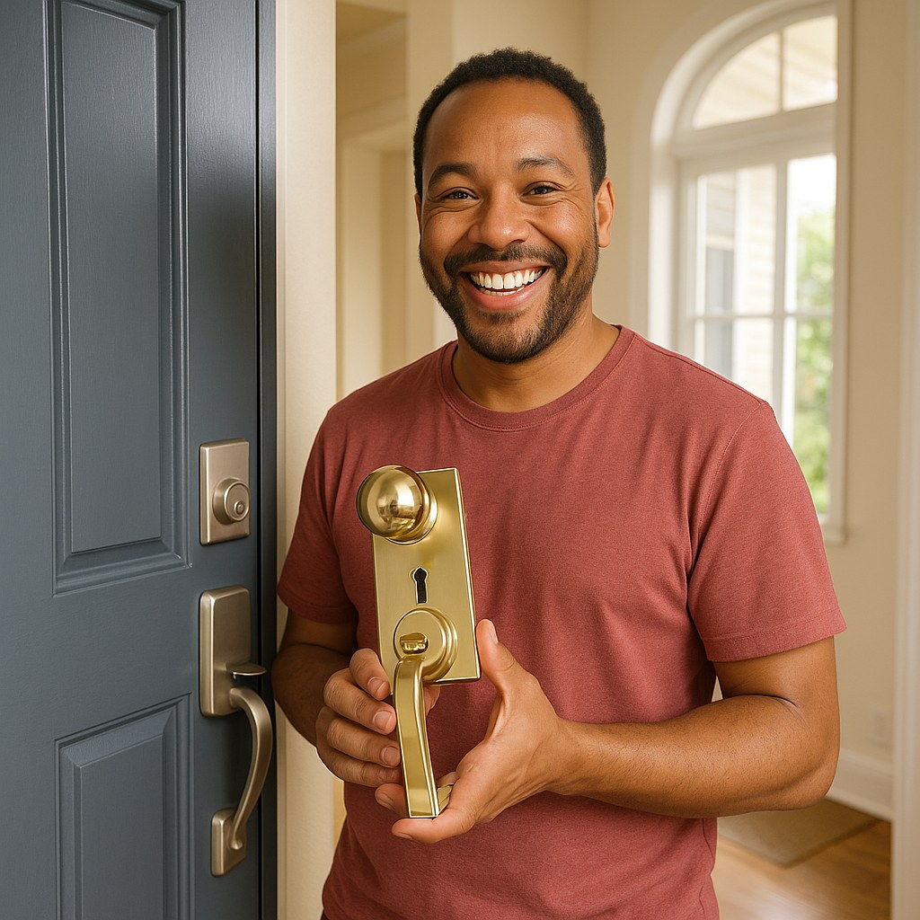 homeowner smiling with new doorknob set