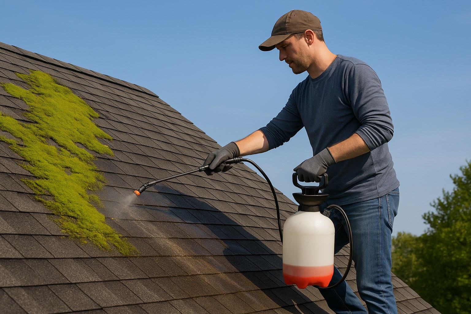 Homeowner sprays mossy roof section