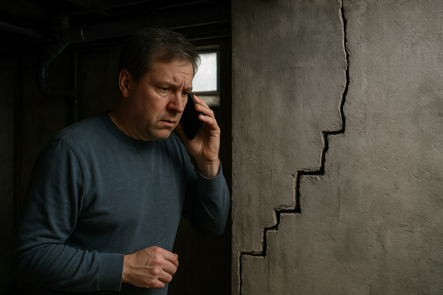 Homeowner surveys foundation crack on phone