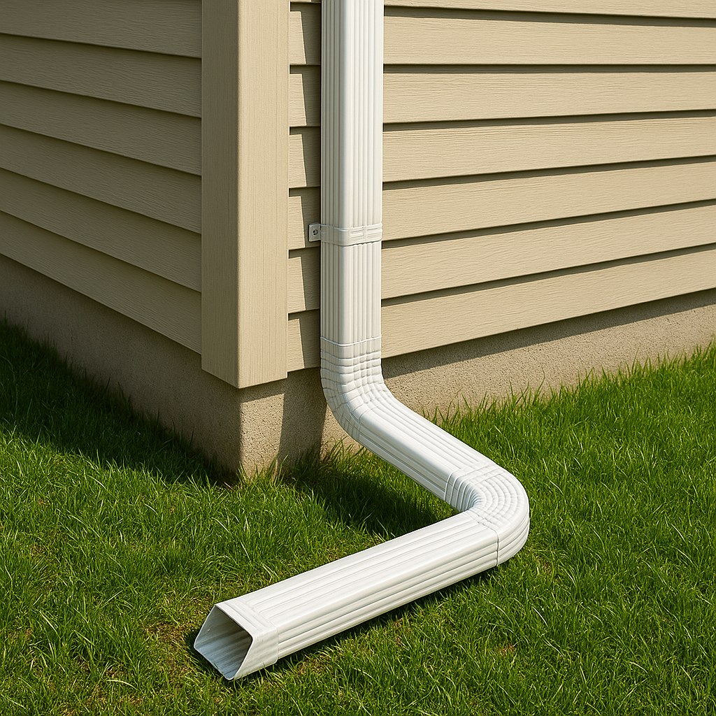 House gutter directs water to grass