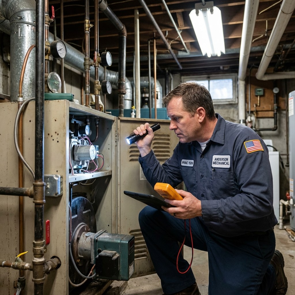 HVAC technician inspecting boiler system