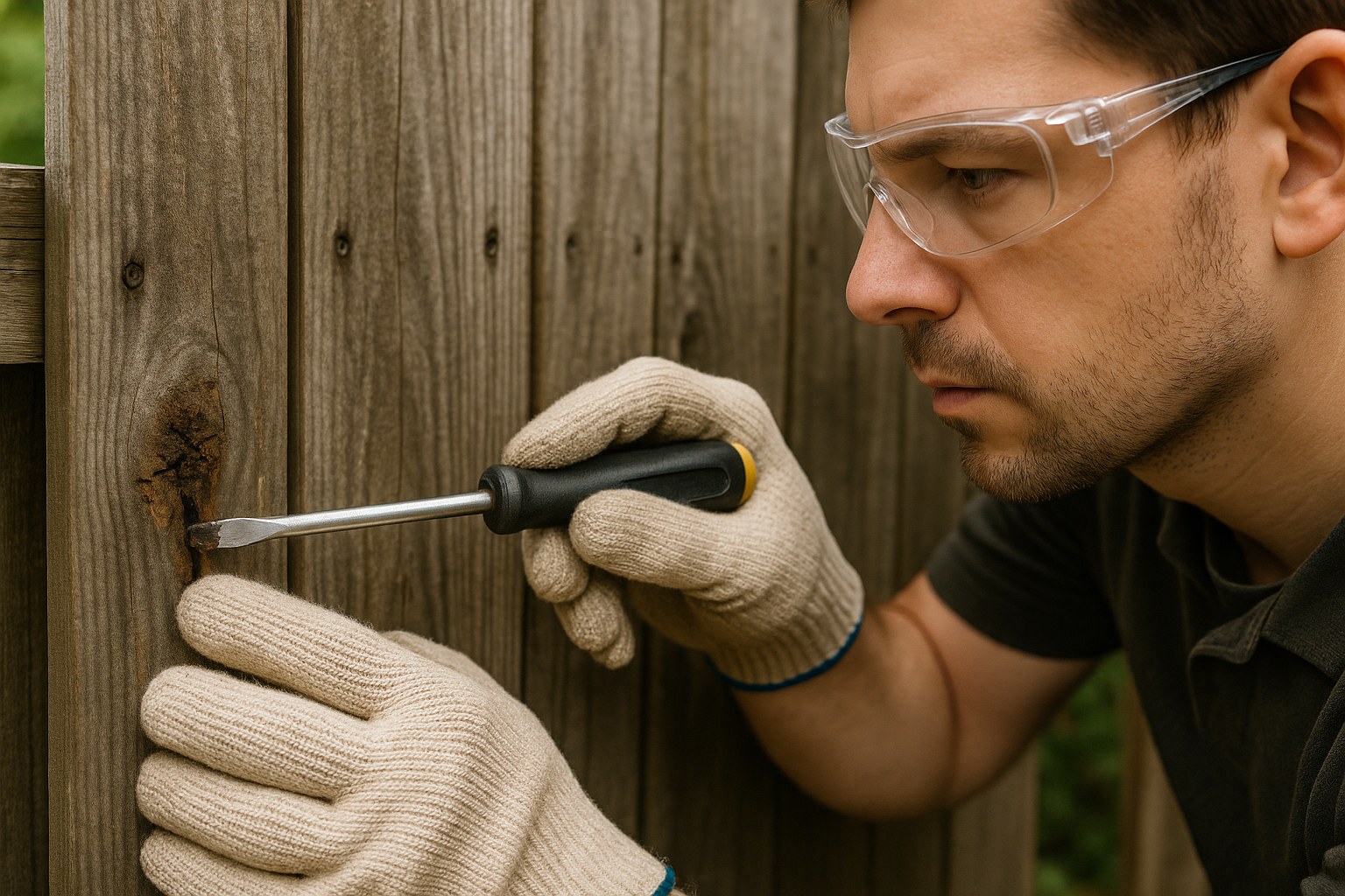 inspecting wooden fence board for rot