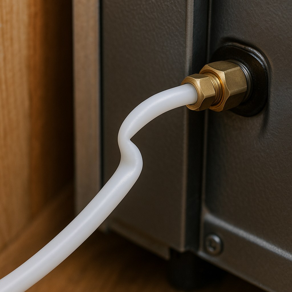 kinked plastic water line behind refrigerator