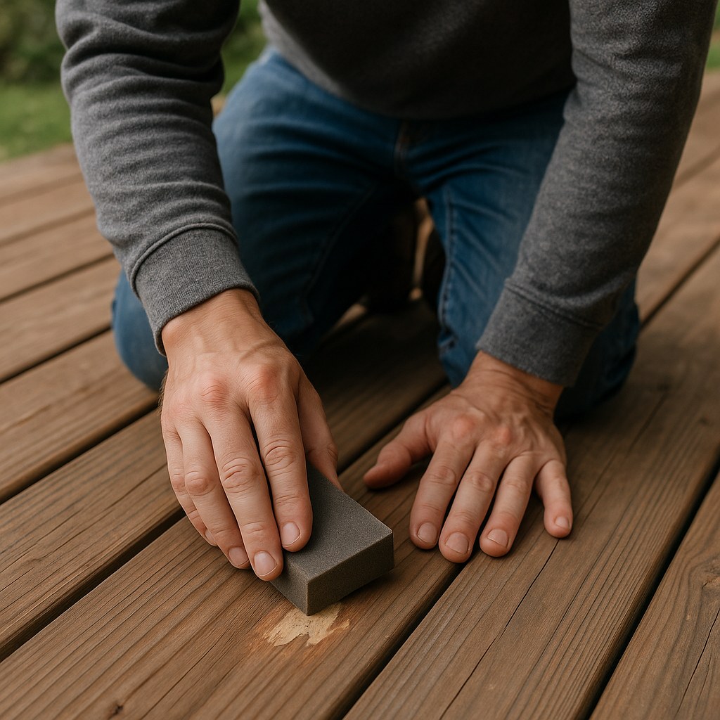 kneeling person sanding deck board