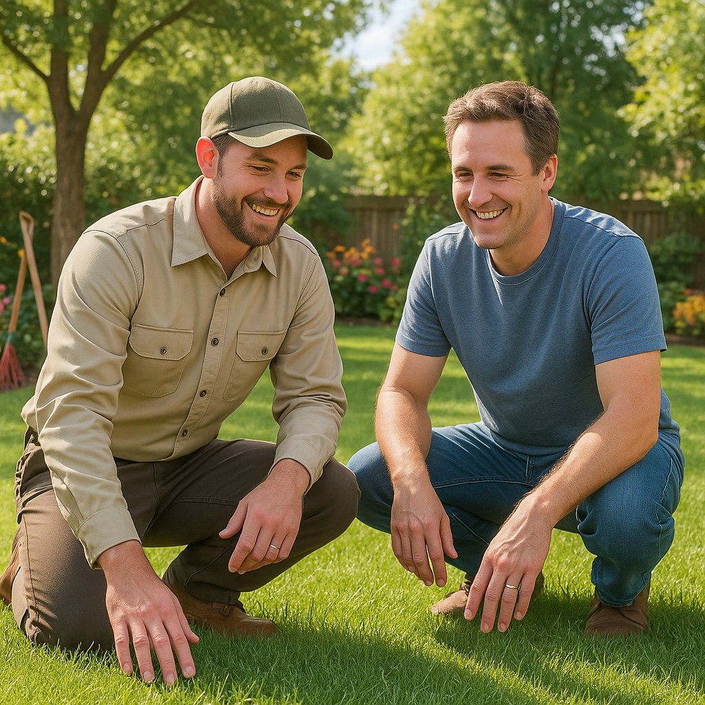 landscape professional examining lawn with homeowner