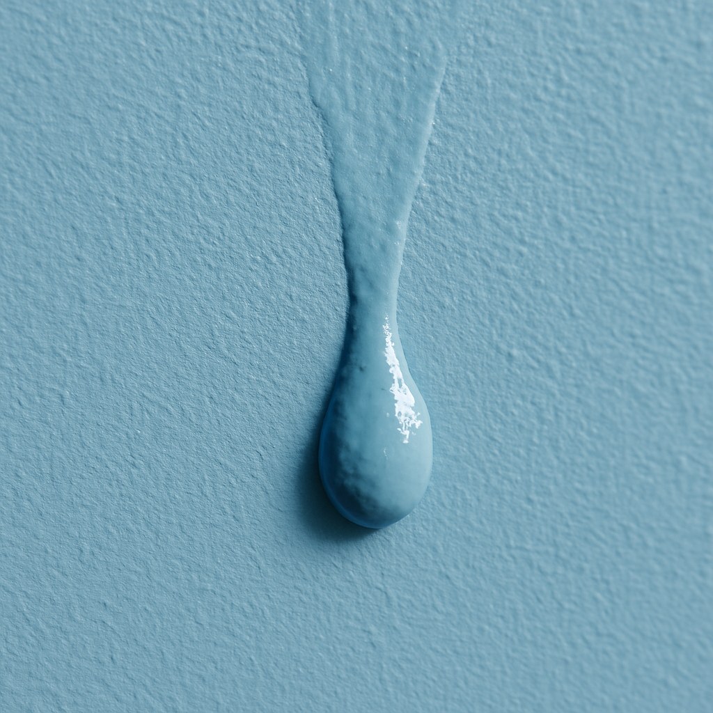 Large paint drip on blue wall
