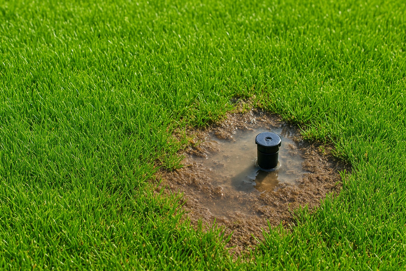 lush green lawn puddle near sprinkler