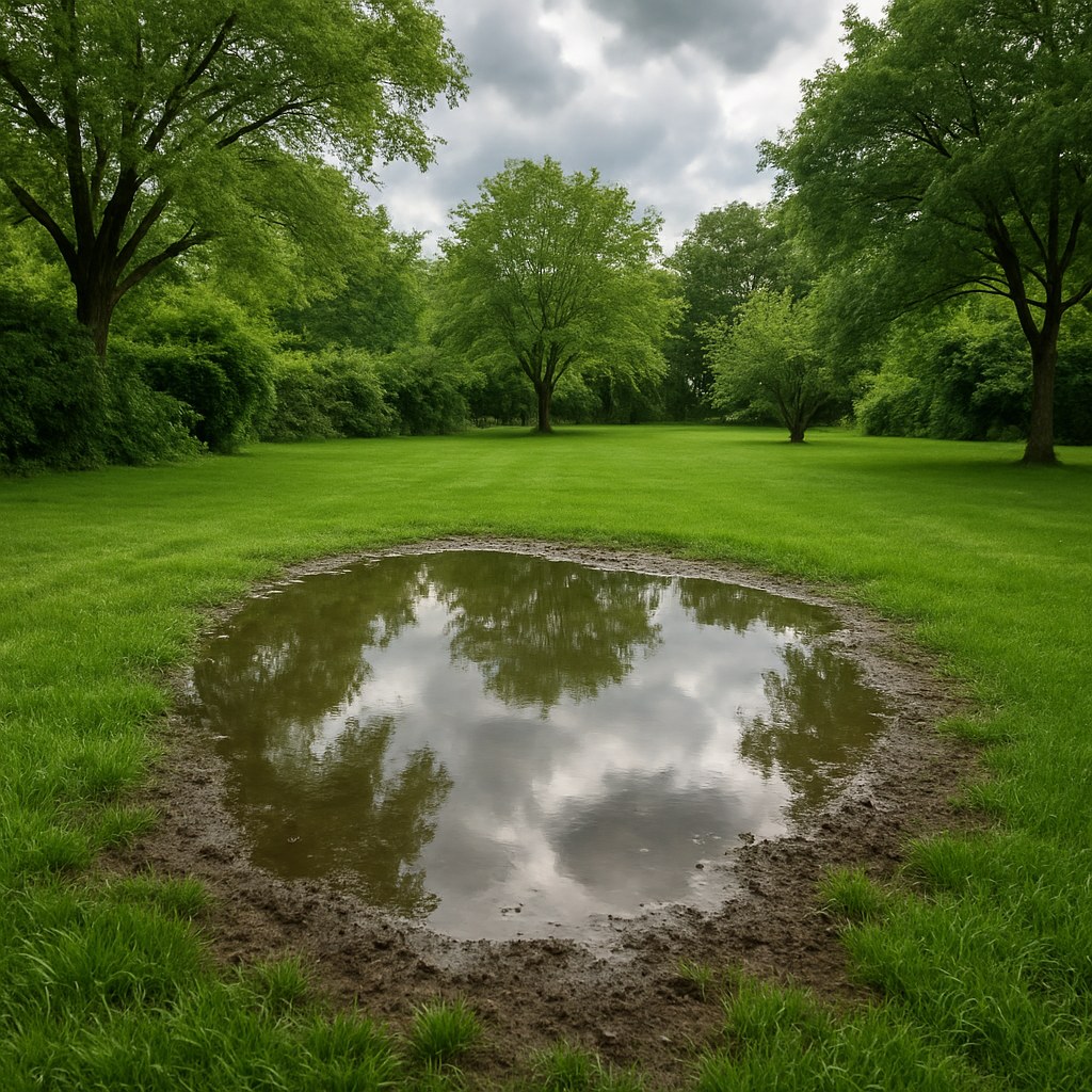 lush green yard with puddle