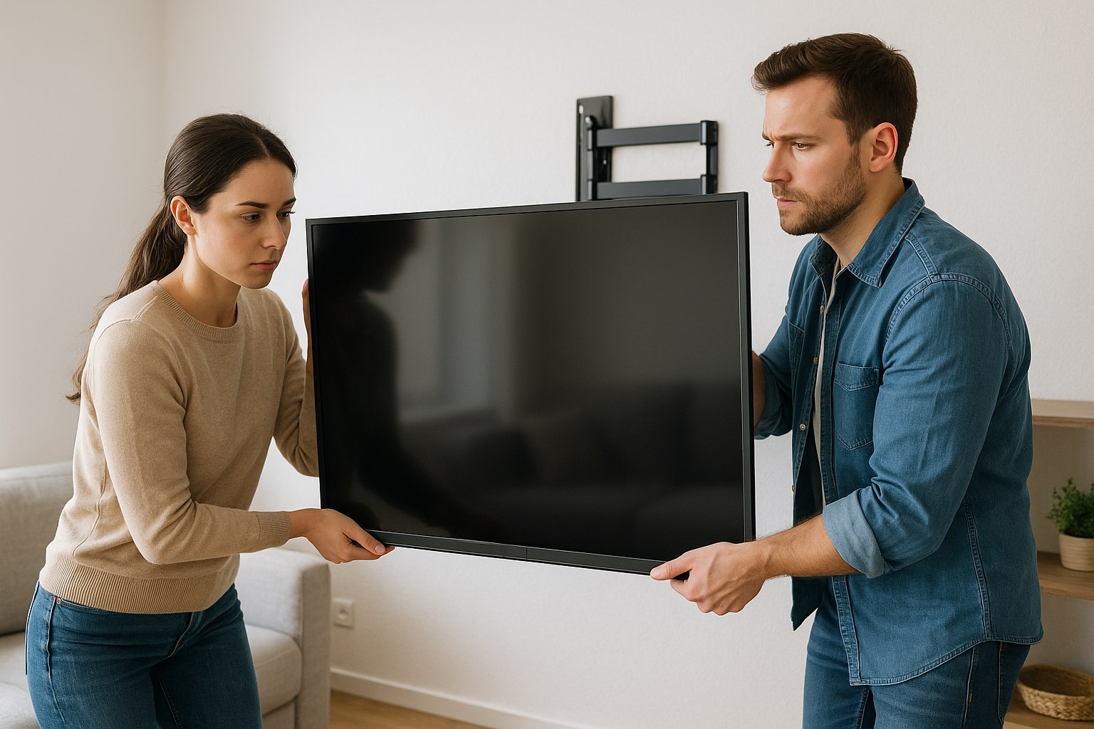 man and woman mounting television