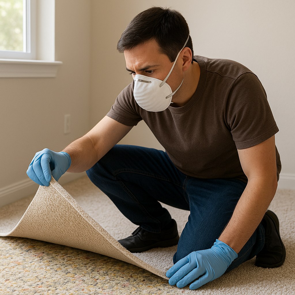 Masked person checks carpet padding