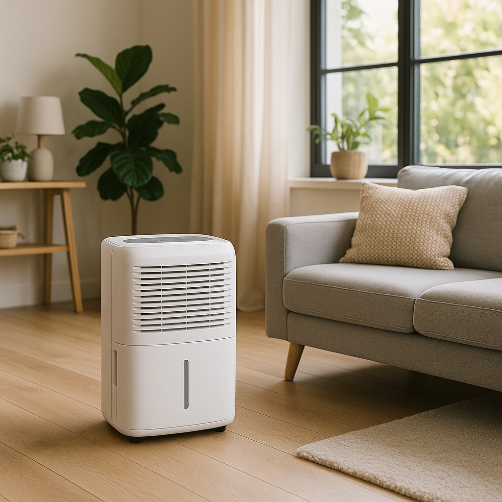 Modern dehumidifier in corner living room