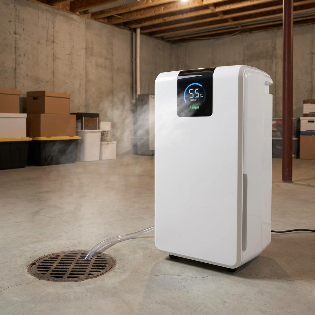 Modern dehumidifier near basement floor drain