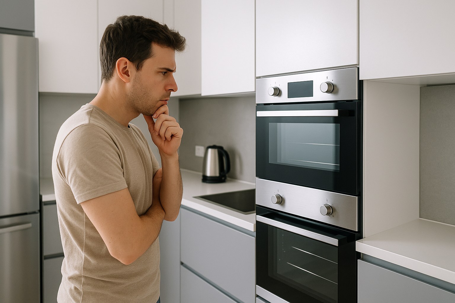Modern kitchen person puzzled at blank oven