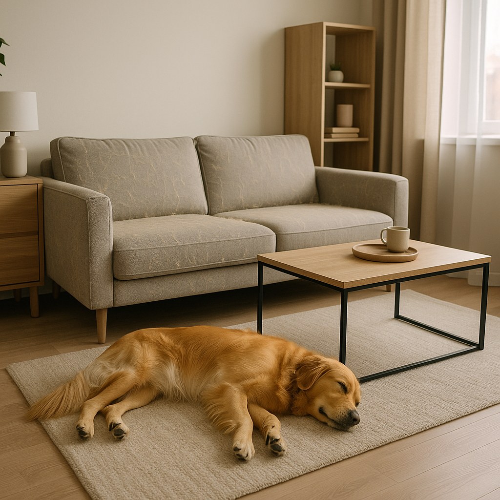 Modern living room with sleeping dog