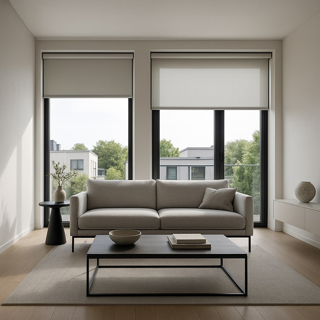 modern living room with stuck blinds