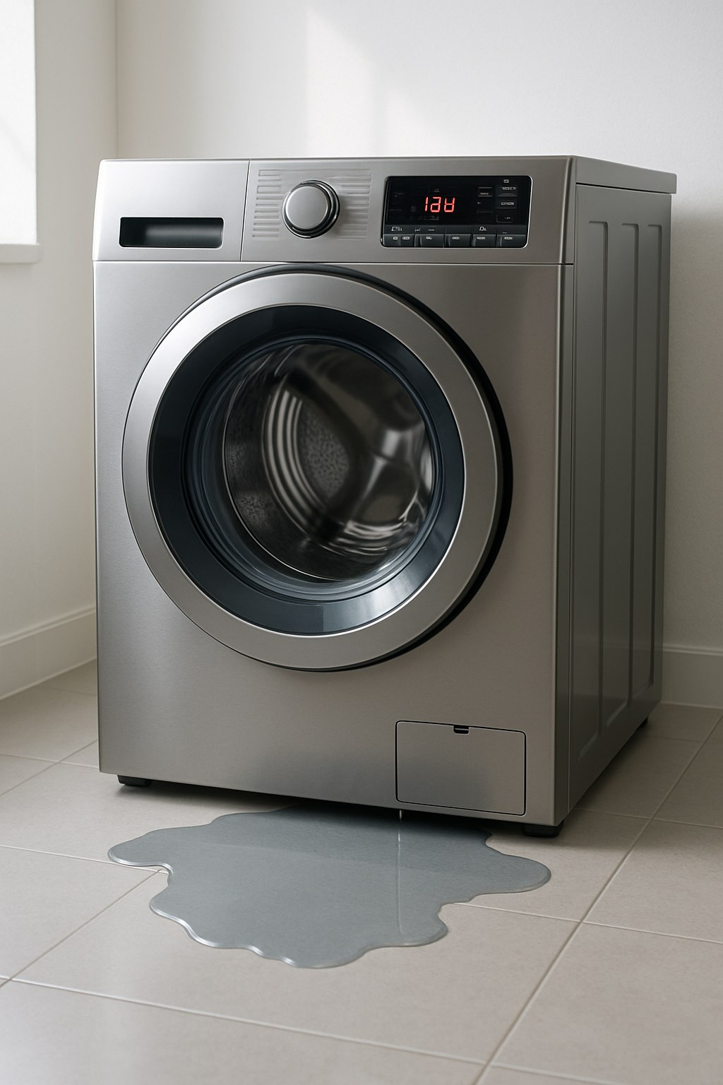 Modern washing machine with water puddle