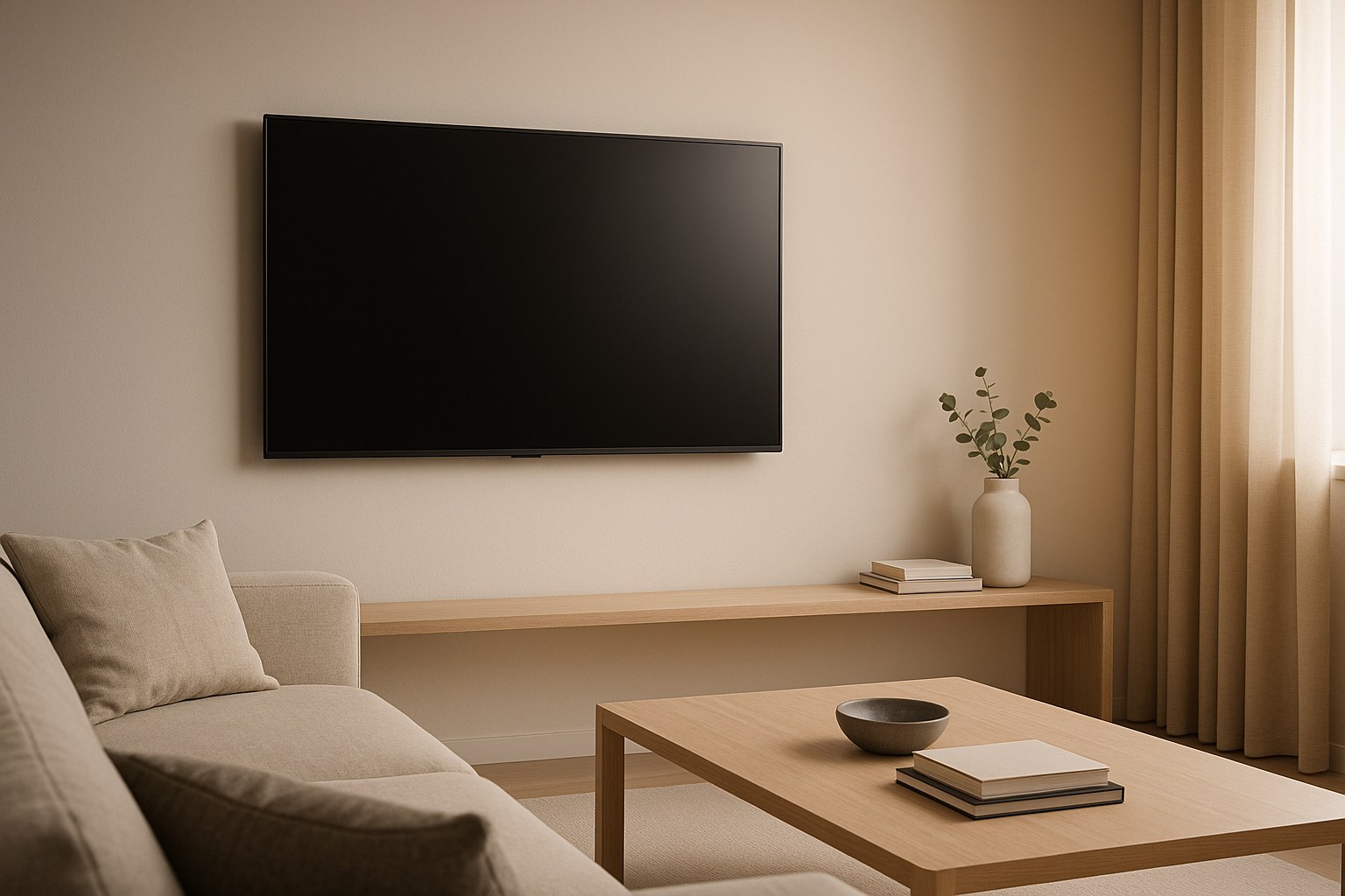 Neatly mounted tv living room cables