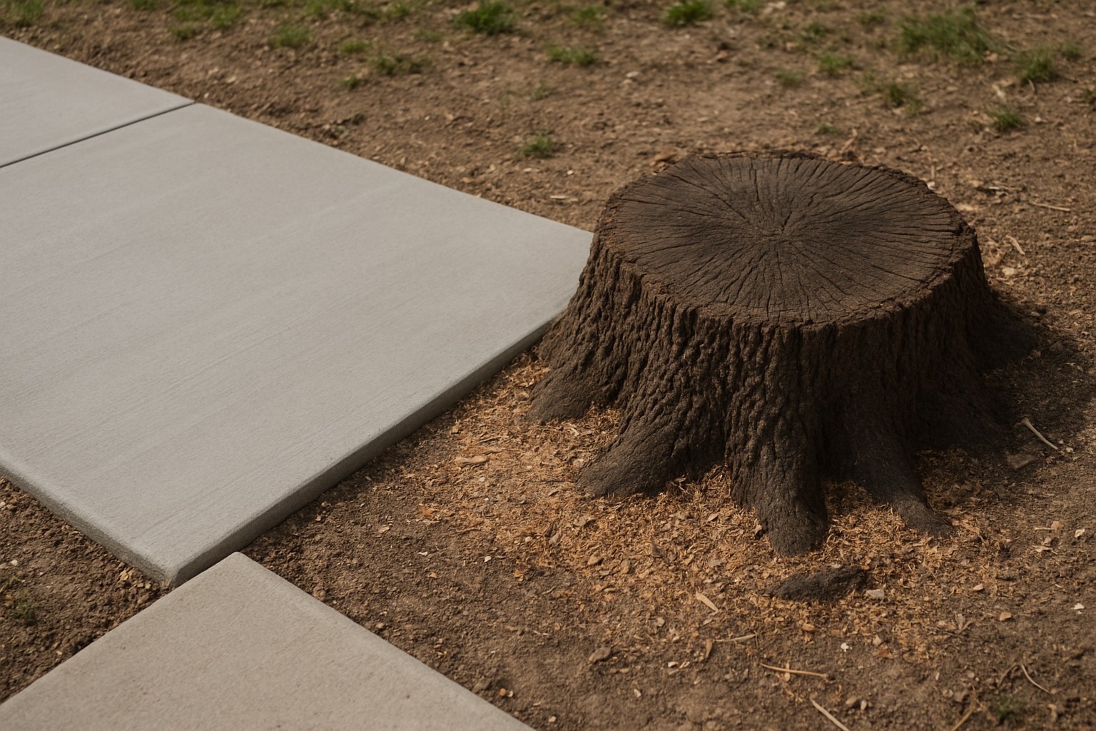 New concrete sidewalk near tree stump