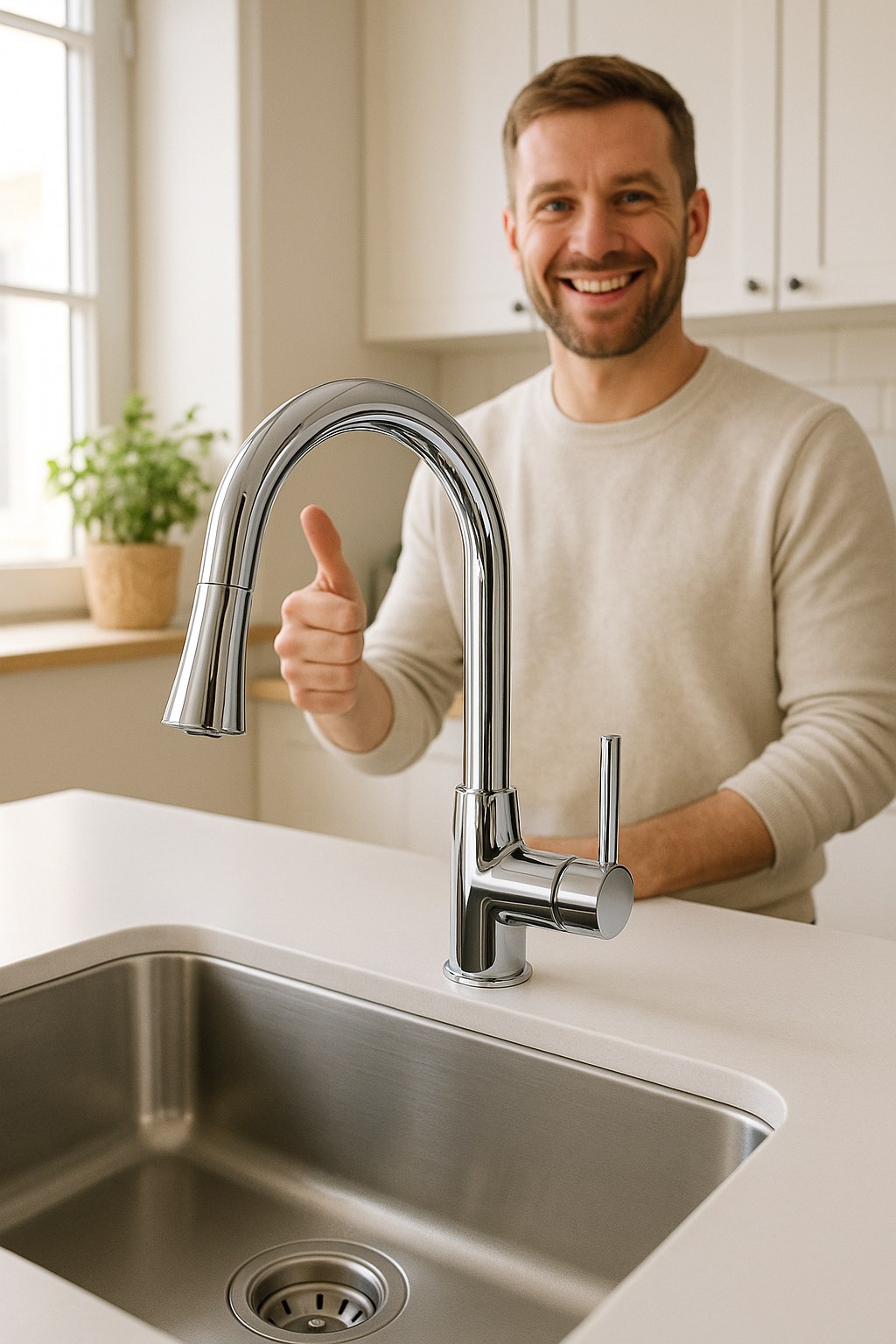 New faucet installed with smiling homeowner