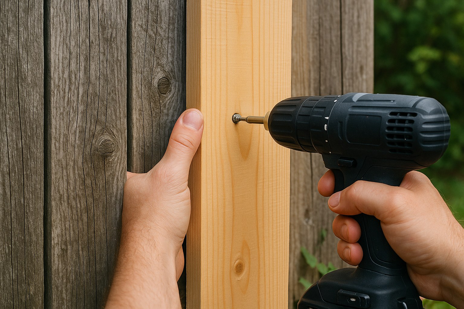 New wooden fence board installation