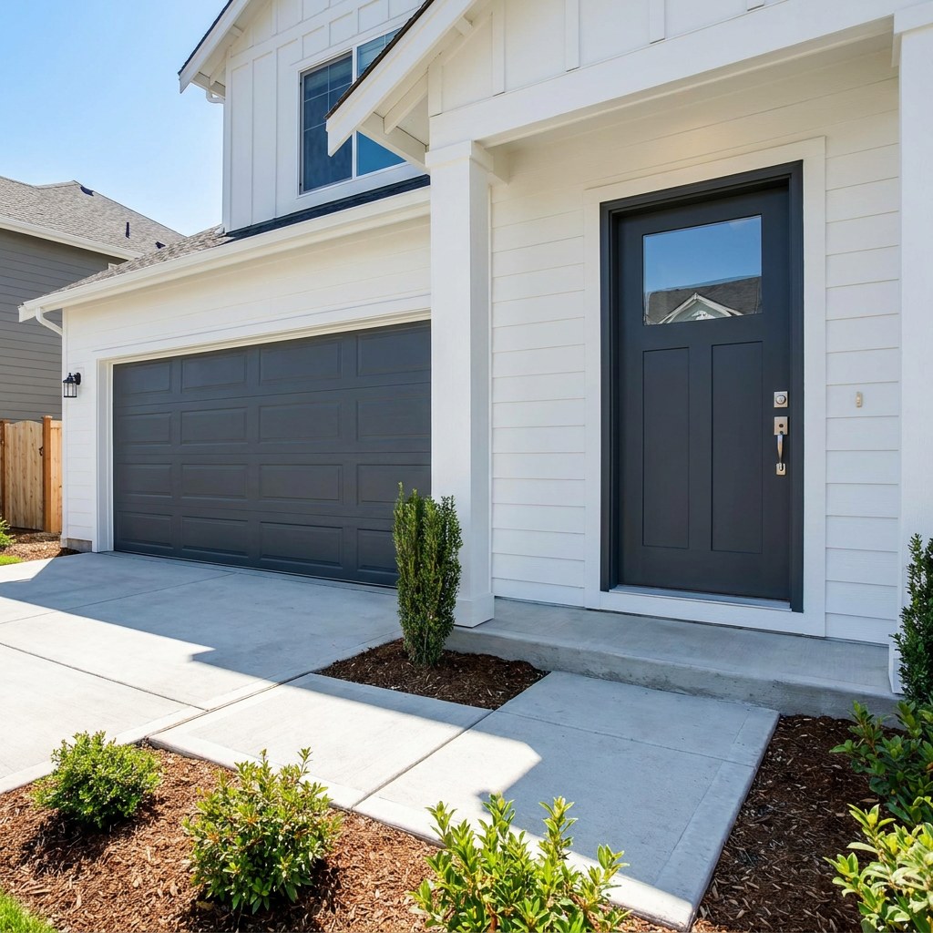 Newly painted front door and garage exterior