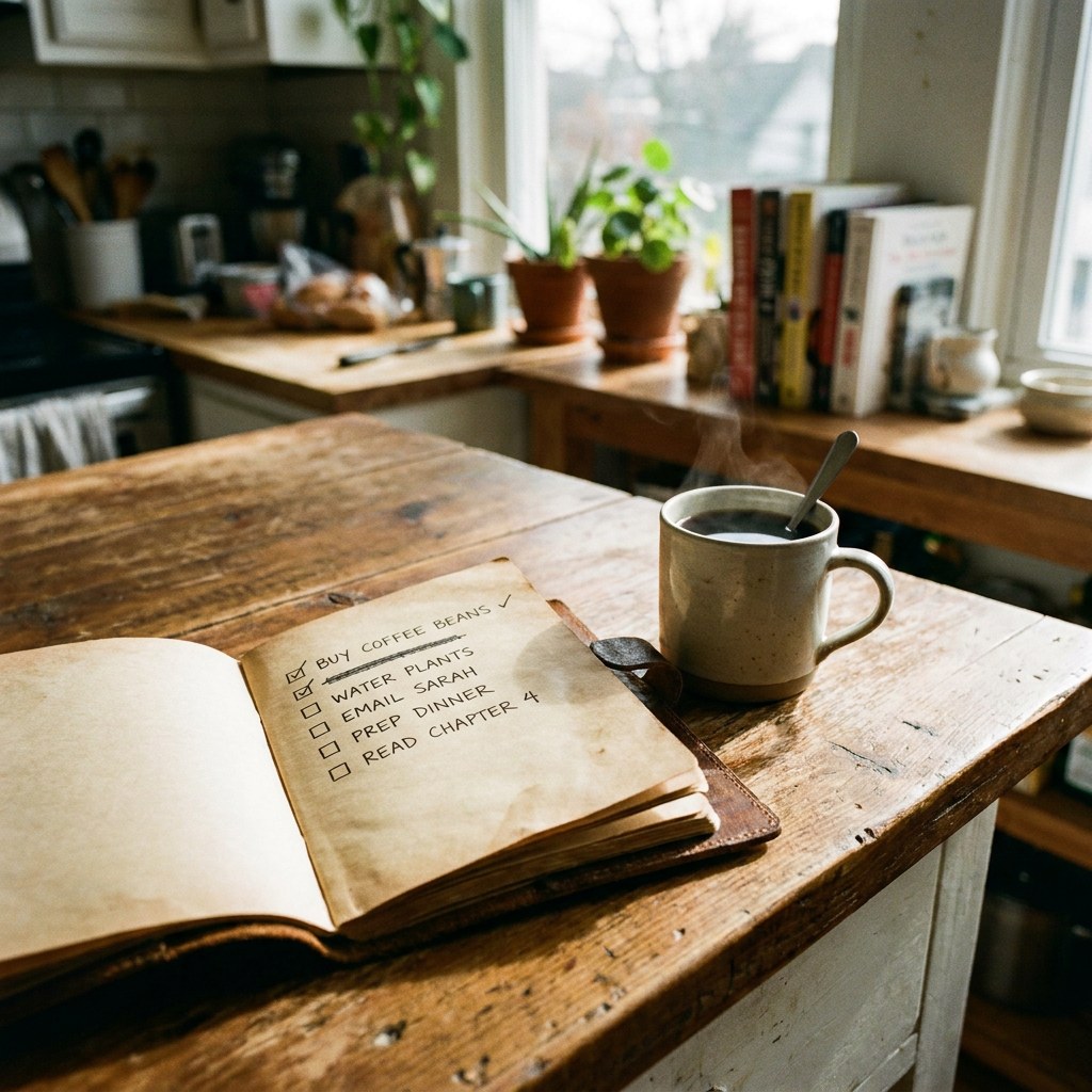 Notebook checklist with coffee cup