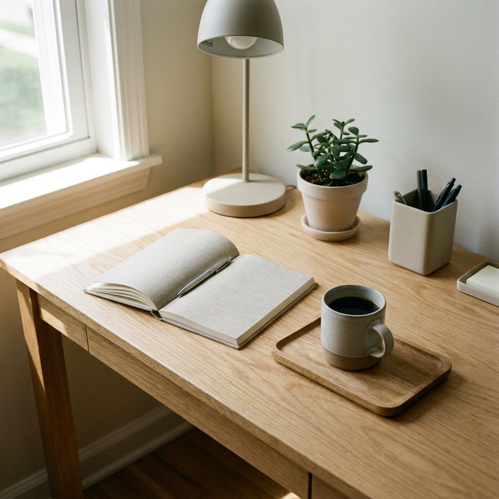 Organized desk with notebook and coffee cup