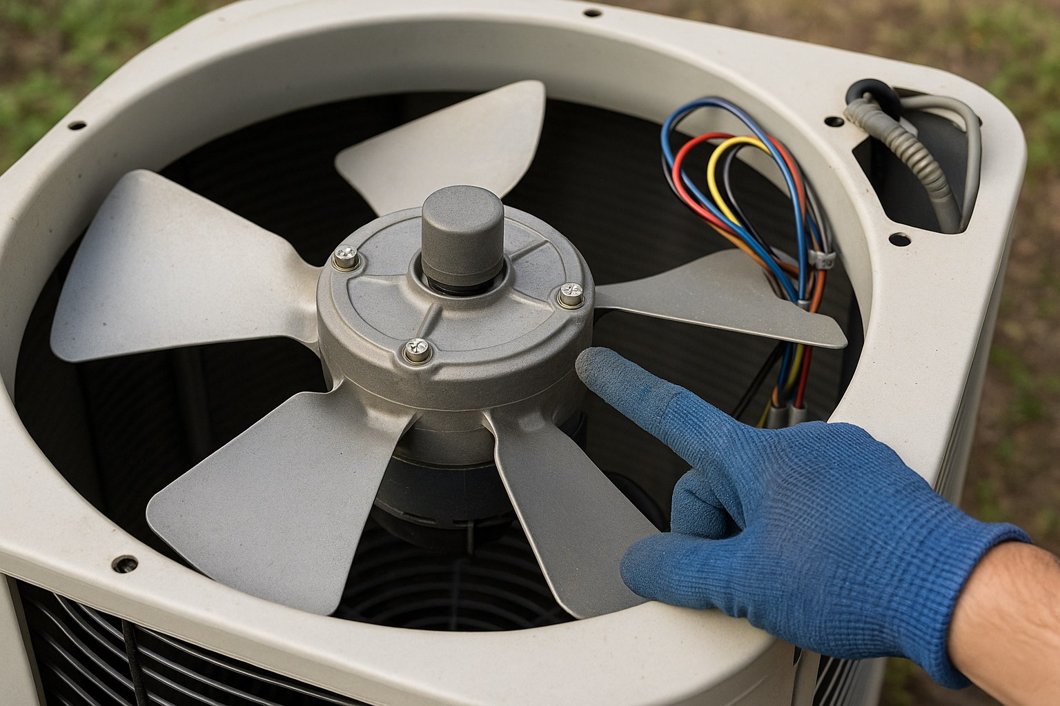 Outdoor heat pump fan hand detail