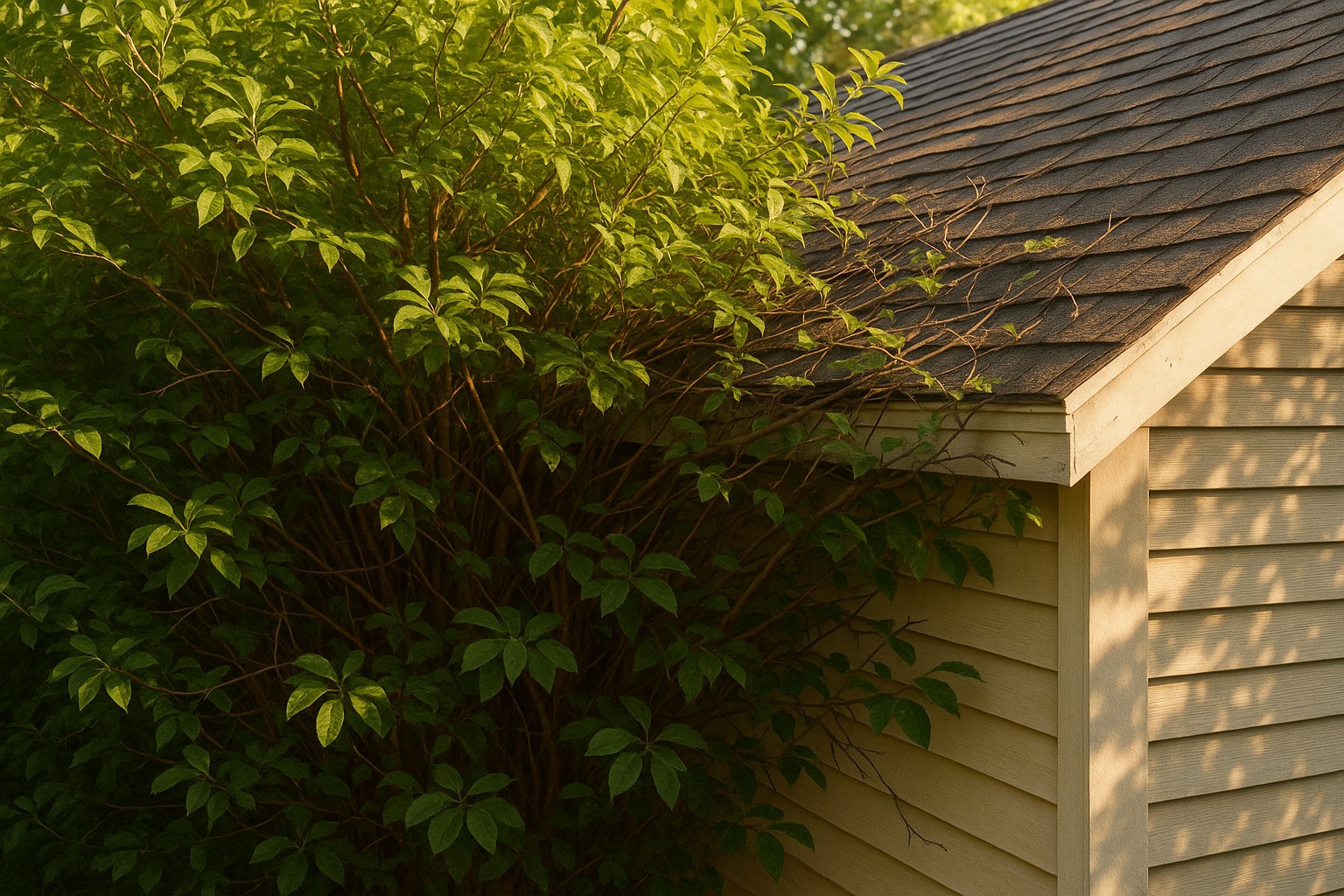 Overgrown shrubs touching house roof siding