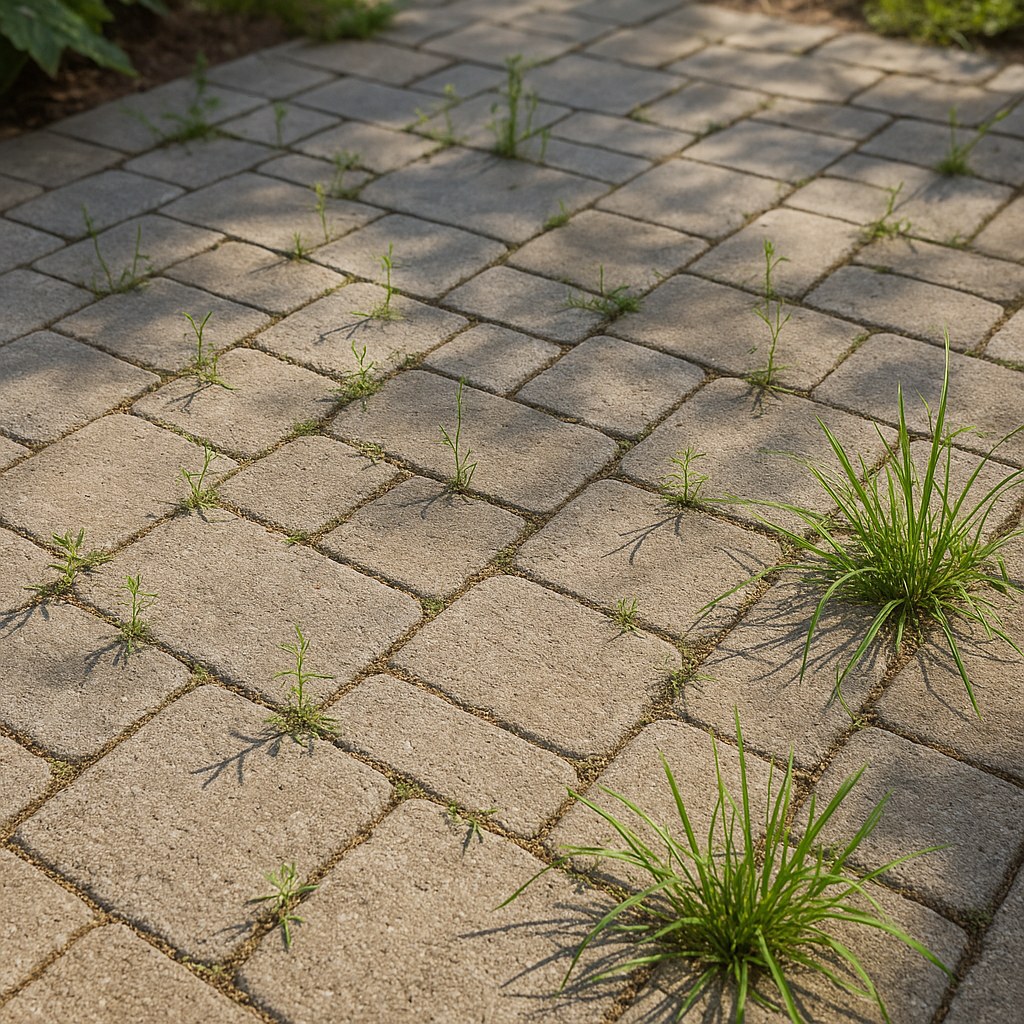 paver patio with weeds