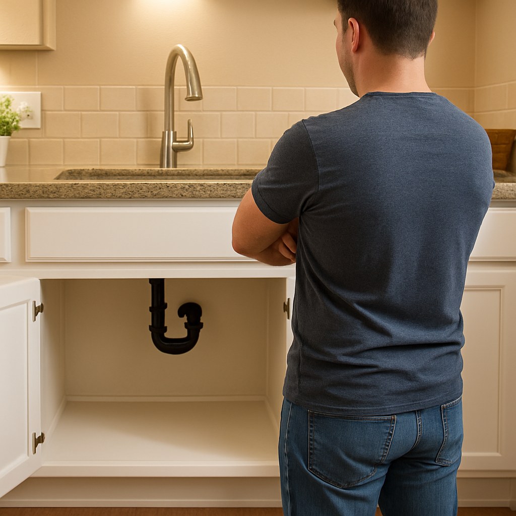 Person admiring renewed kitchen cabinet