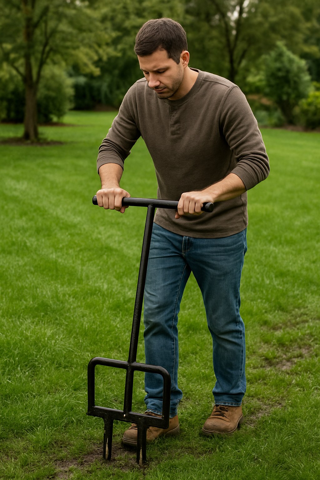 Person aerating damp yard