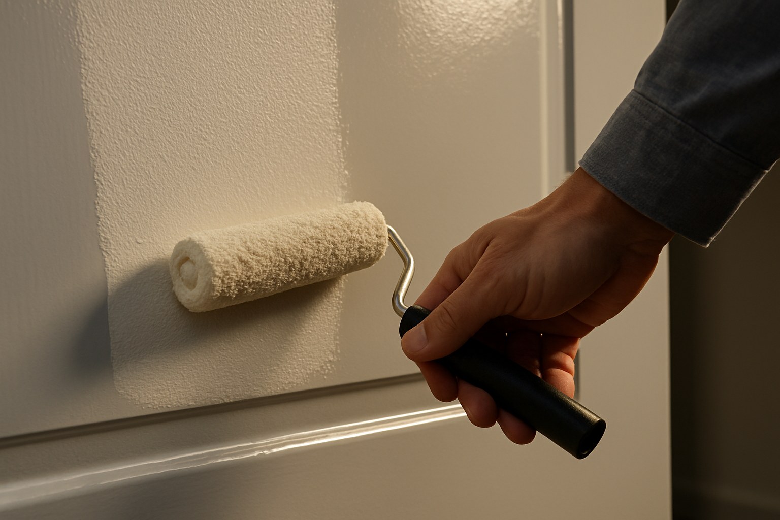 person applies bonding primer with roller