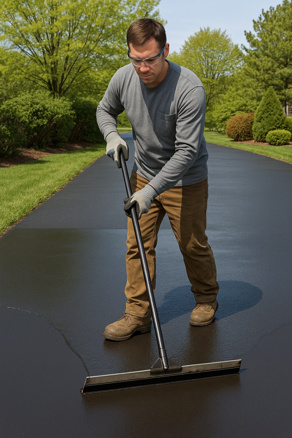 person applying asphalt sealer on driveway