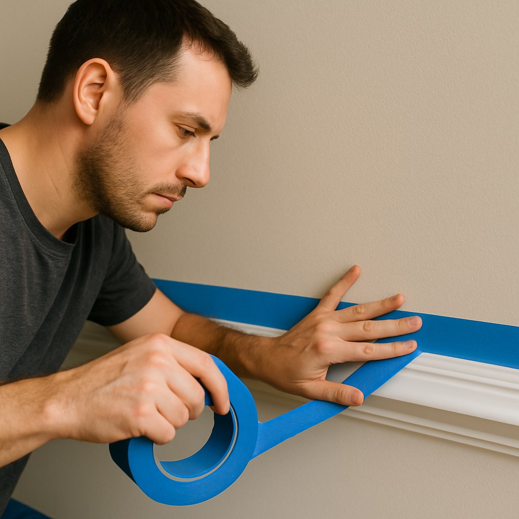 person applying blue tape to trim