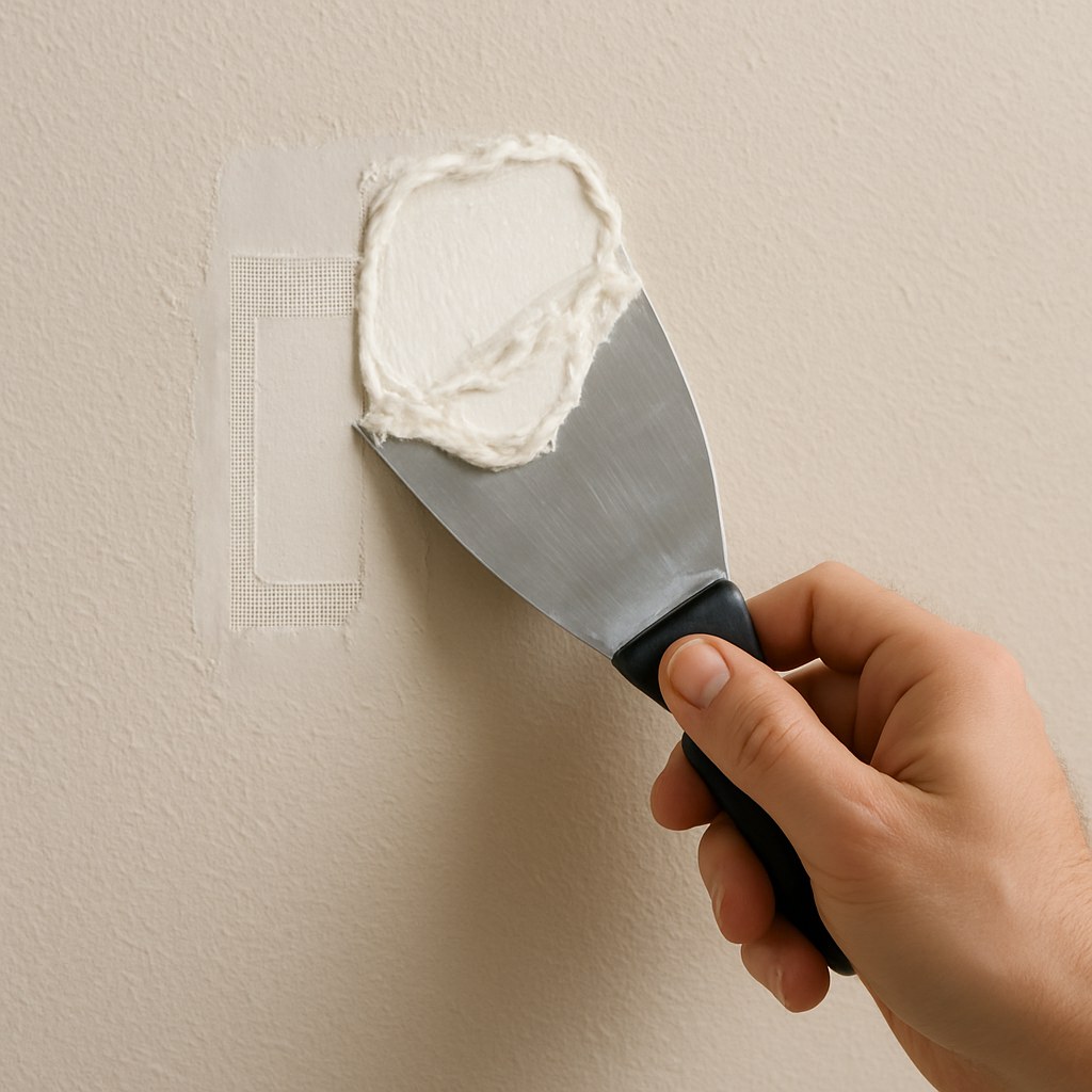 person applying compound on drywall patch