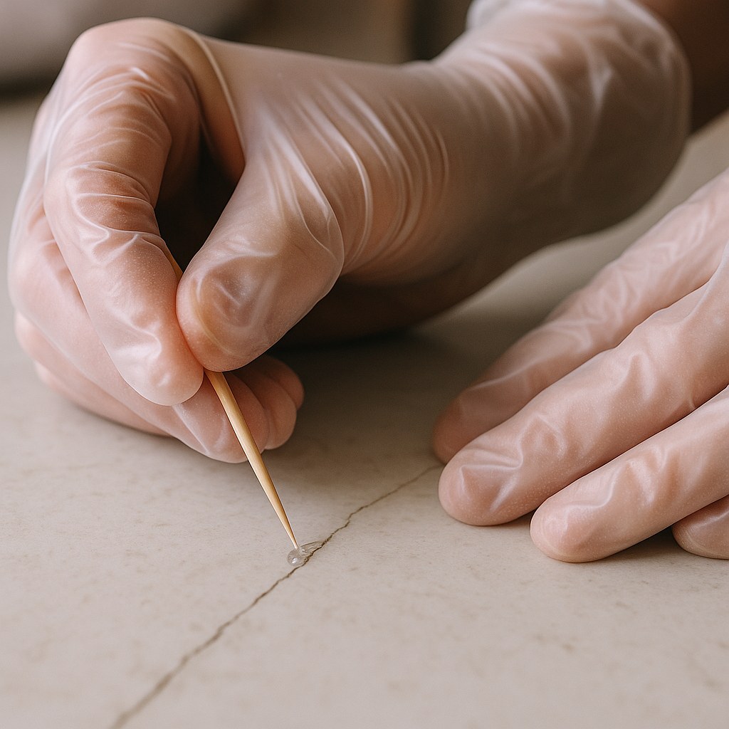 person applying epoxy in countertop crack
