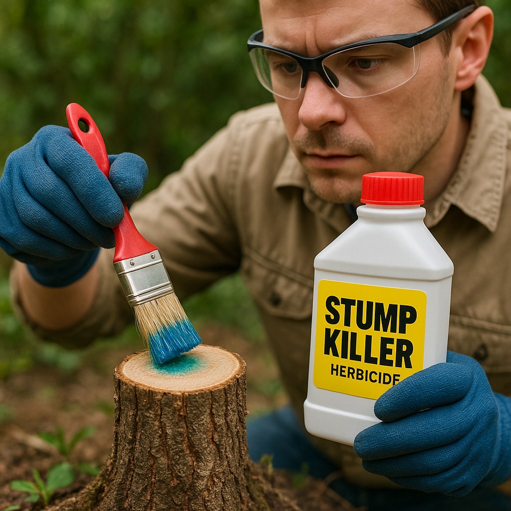 Person applying herbicide to stump
