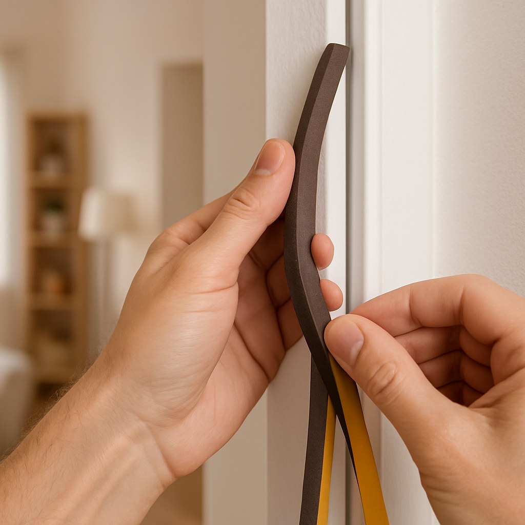 person attaching foam weatherstripping to door